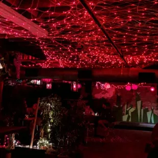 a woman standing under a ceiling covered in red lights