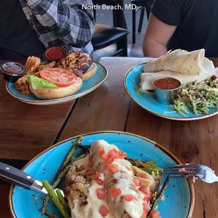 Hawaiian burger, Tacos, and crab stuffed chicken and mac and cheese