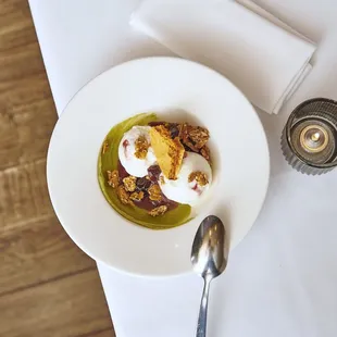 honey comb, greek sour cherries, almond-sesame brittle, pistachio curstard