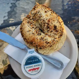 Everything Bagel toasted with cream cheese.