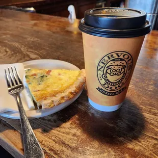 A nice veggie quiche and the caramel mocha.