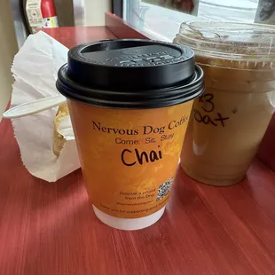 Chai latte, iced triple threat, Russian tea biscuit