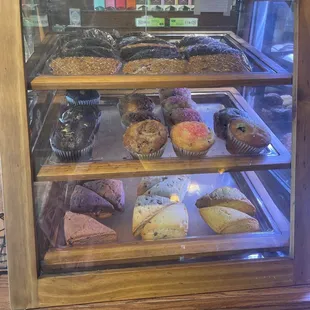 a display case of baked goods