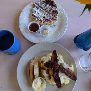 Cloudy eggs and bacon with Belgian waffle