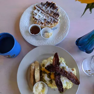 Cloudy eggs and bacon with Belgian waffle