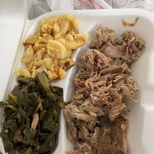 Pulled pork dinner with collards and Mac n cheese