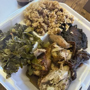 Beans and rice, collard greens, jerk chicken