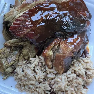 Ribs 1/4 Jerk Chicken Mild Red Bean and Rice