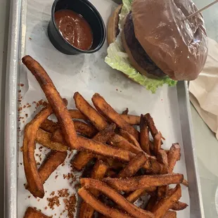 Vegan friendly burger &amp; Sweet Potato Fries