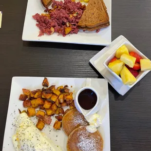 Hash &amp; eggs with whole wheat toast.  Veggie egg white omelet with home fries and pancakes.
