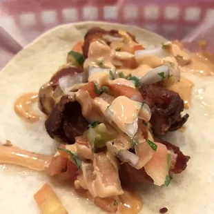 Bacon wrapped shrimp taco