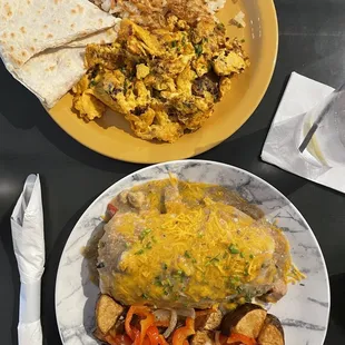 Chorizo huevo scramble and smothered burrito