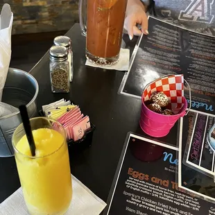 First round of drinks - frozen peach mimosa and Bloody Mary (featuring the mini donuts that were amazing)