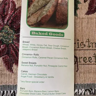 Baked goods menu 2020