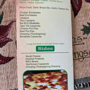 Frozen dinners &amp; sides menu