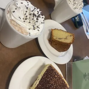 Slice of Cinnamon Walnut Coffee Cake &amp; Tiramisu alongside Hot Chocolates (ask for whip and chocolate sprinkles).
