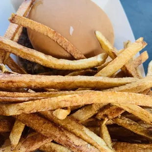 Plain burger with fried onions and fries
