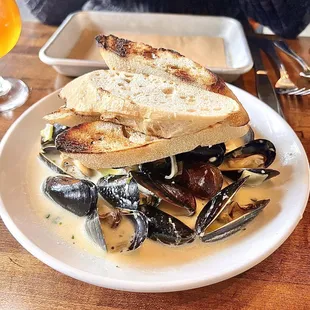 PEI Mussels with a leek/garlic cream broth. Yum!