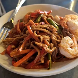 Thai peanut noodles with added shrimp.