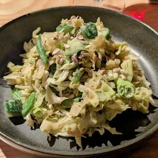 Charred Cabbage Chopped Salad with cucumbers, scallions and pine nuts.  Good. Quite filling. Would have liked more &quot;charred&quot; flavor.
