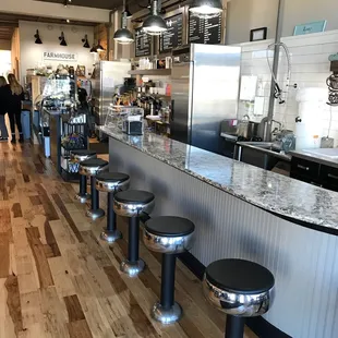 a row of stools in a restaurant