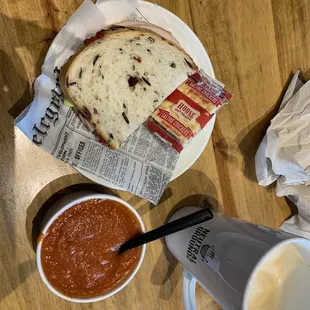 Sandwich and tomato soup cofeee