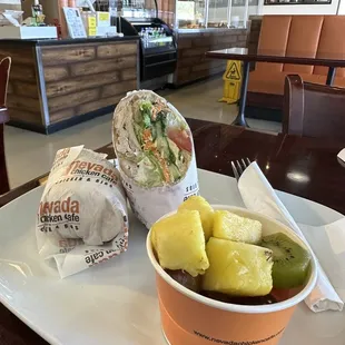 Chicken Avocado Wrap with fruit