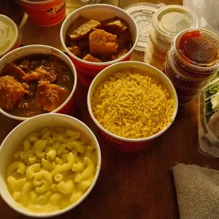 Tasty sides saffron rice, cinnamon sweet potatoes, macaroni and cheese