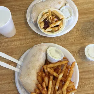 Traditional gyro with fries and traditional gyro with pasta