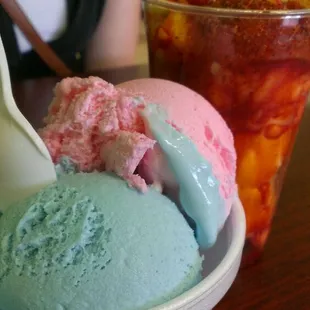 Guava, Cotton Candy, Bubblegum Ice cream (mangonada in back)