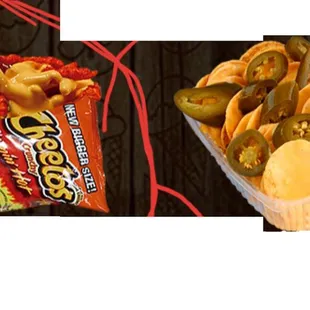 a picture of a box of macaroni and cheese and a bag of chips