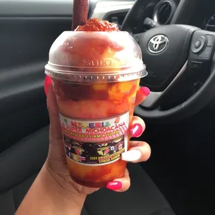 Chamango with one scoop of strawberry, and two scoops of mango