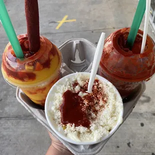 Corn, diablito, and Mangonadas