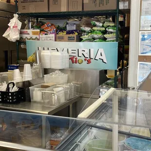 a counter with a variety of food items