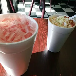 Watermelon agua fresca and their version of elotes