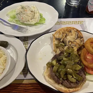 Mushroom Burger add jalapeno, with Cole slaw and Potato Salad (instead of fries. Potato Salad legit.