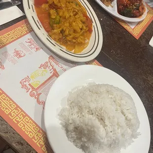Stewed Codfish with white rice &amp; shrimp fried rice with general tso.