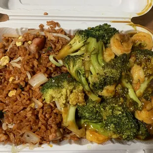 Shrimp and Broccoli with pork fried rice.   Very oily, salty, and saucy.