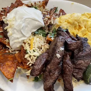 Steak and scrambled egg Chilaquiles best served fresh. It&apos;s gigantic, savory and I had plenty afterwards to take home.