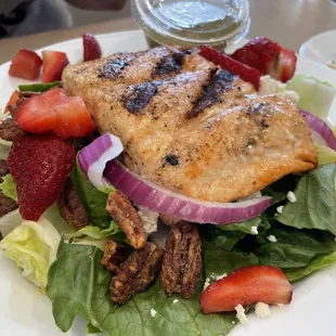 My friend&apos;s Strawberry Salmon Salad. She wasn&apos;t a fan of the dressing but overall enjoyed it.