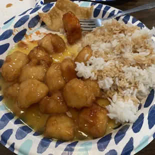 Lemon chicken and steamed rice.