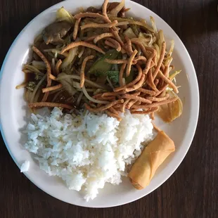 Beef Chow Mein with crispy noodles. Steamed rice and an egg roll. Lots of food for the lunch specials.