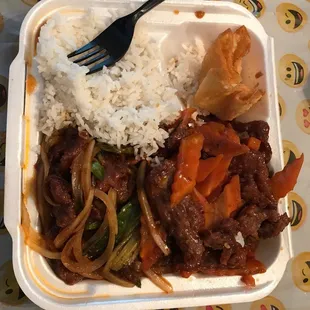 Combination plate. Hunan beef on the right and Mongolian beef on the left