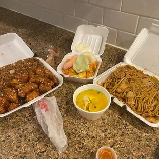 Sesame chicken, chicken lo mein, bang bang shrimp app, spring rolls, wonton soup