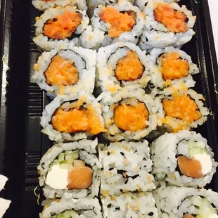 Philadelphia (front), Spicy Salmon (middle), &amp; Spicy Tuna (back)