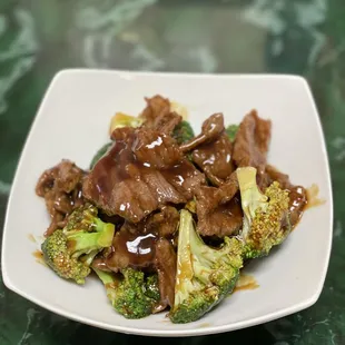 beef and broccoli on a plate