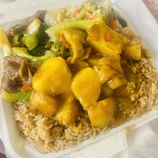 Curry chicken, beef broccoli, vegetable shrimp, shrimp fried rice