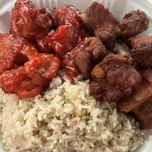 Chicken fried fried rice, sweet and sour chicken, salt and pepper ribs