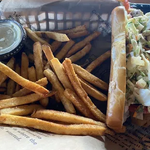 Green and Red Curry Vegan Brat with Korean Slaw &amp; Hot Peppers and Fries ($15 combo with New Bohemia Lager)