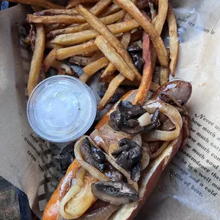Gyro brat with onions &amp; mushrooms